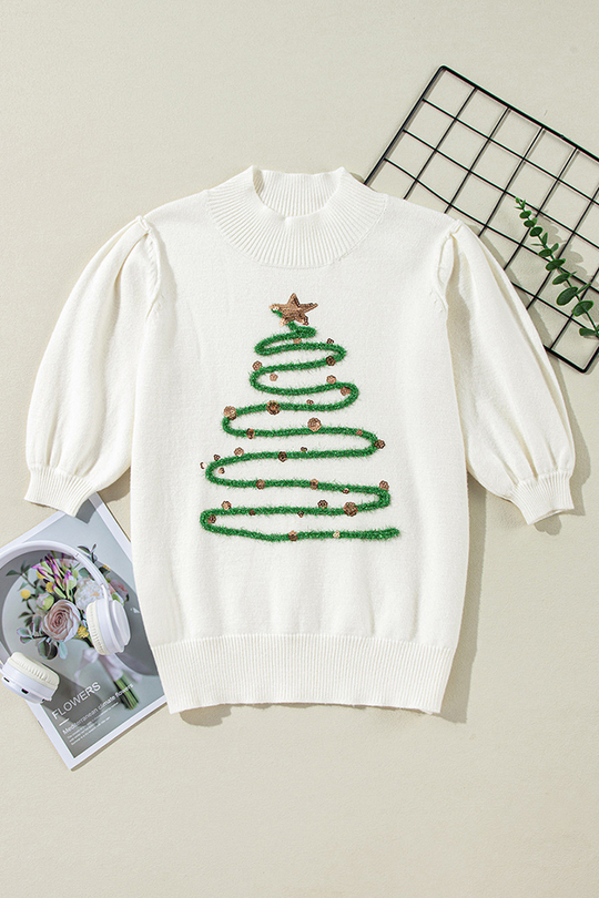EB | Lässiger Weihnachtsbaum Pailletten Patchwork Halber Turtleneck Pullover