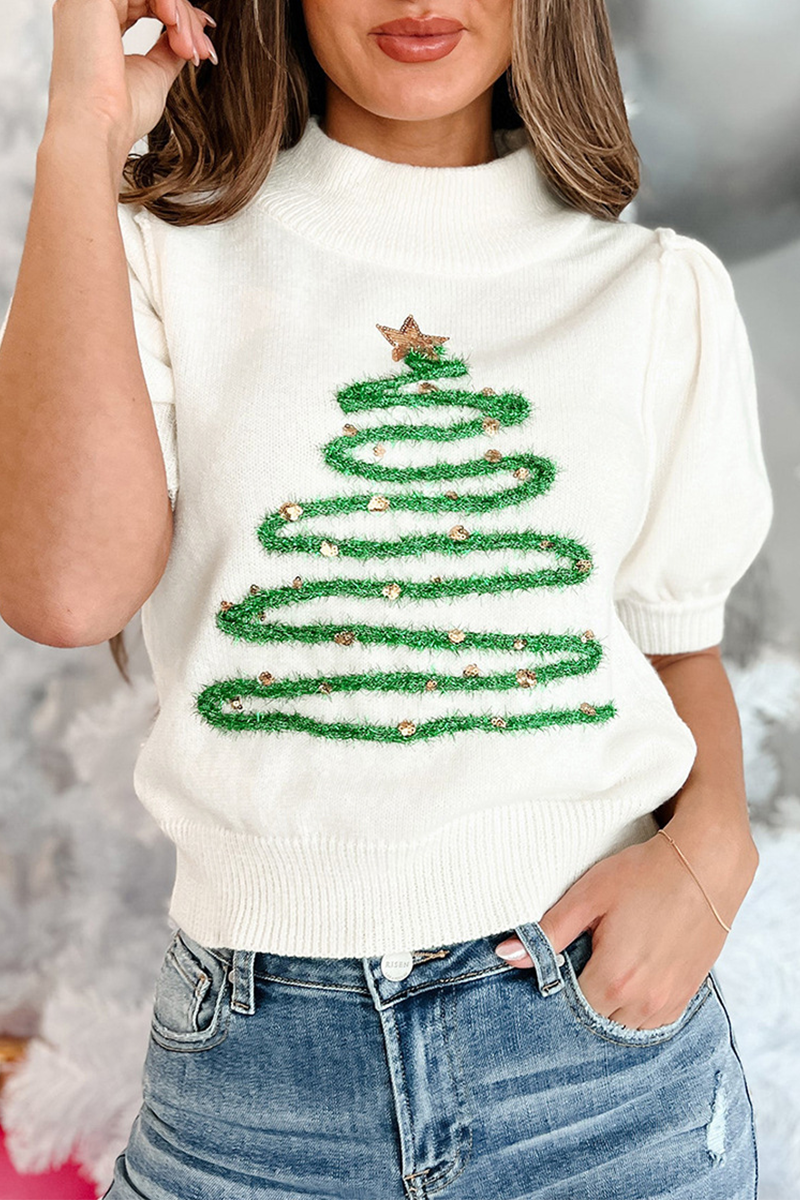 EB | Lässiger Weihnachtsbaum Pailletten Patchwork Halber Turtleneck Pullover