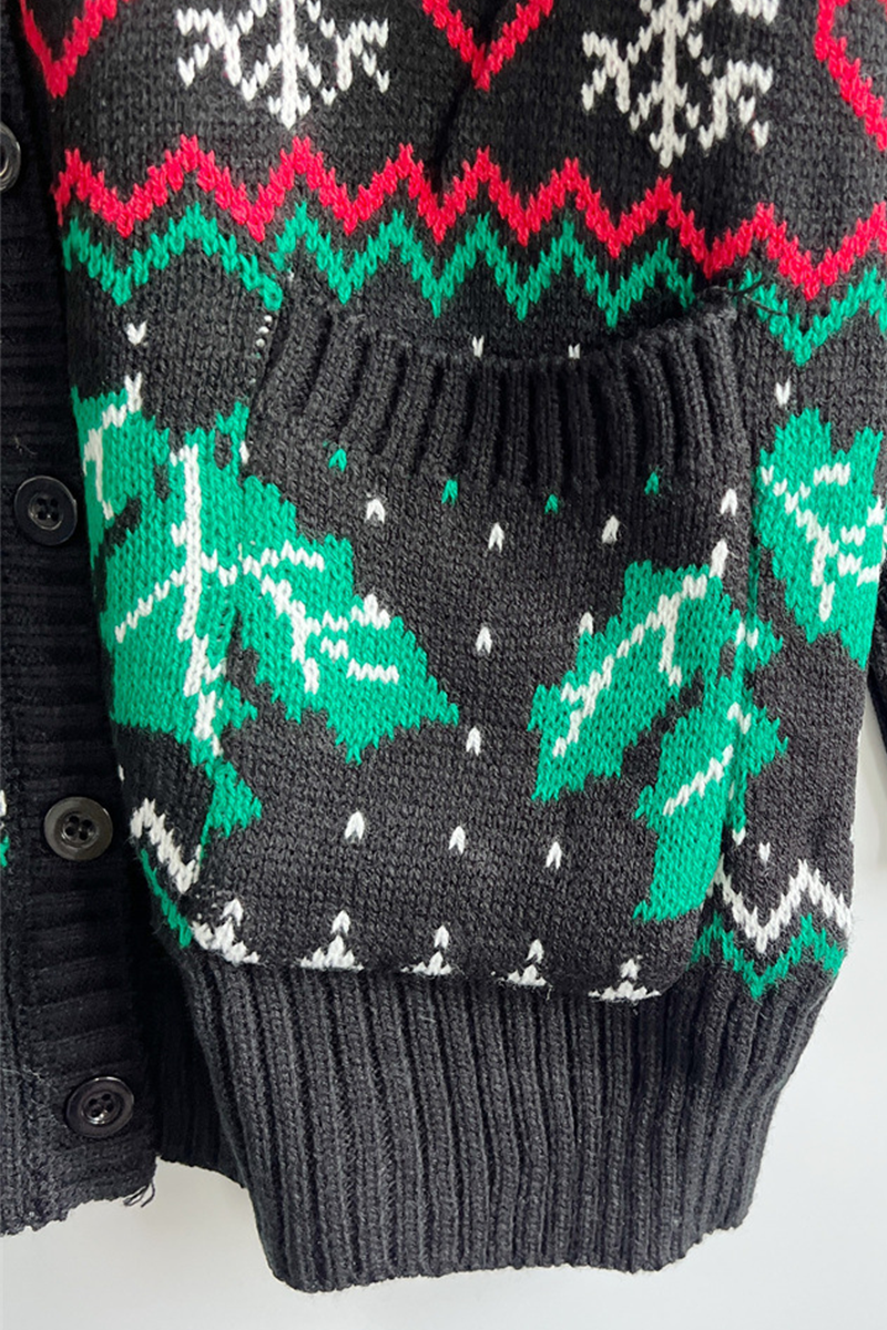 EB | Casual Schneeflocken Weihnachtsbaum Knöpfe Gewebe Kontrast V-Ausschnitt Oberbekleidung
