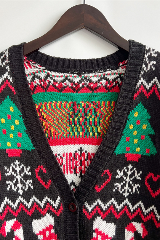 EB | Casual Schneeflocken Weihnachtsbaum Knöpfe Gewebe Kontrast V-Ausschnitt Oberbekleidung