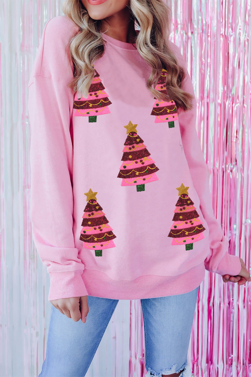 EB | Lässiger Weihnachtbaum bestickte Pailletten Rundhalsausschnitt Sweatshirt