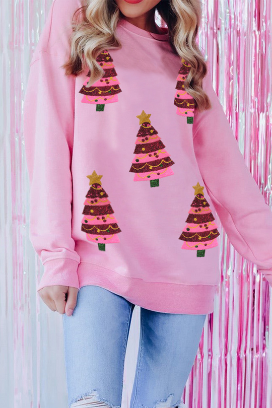 EB | Lässiger Weihnachtbaum bestickte Pailletten Rundhalsausschnitt Sweatshirt