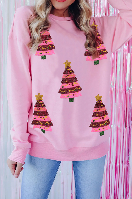 EB | Lässiger Weihnachtbaum bestickte Pailletten Rundhalsausschnitt Sweatshirt