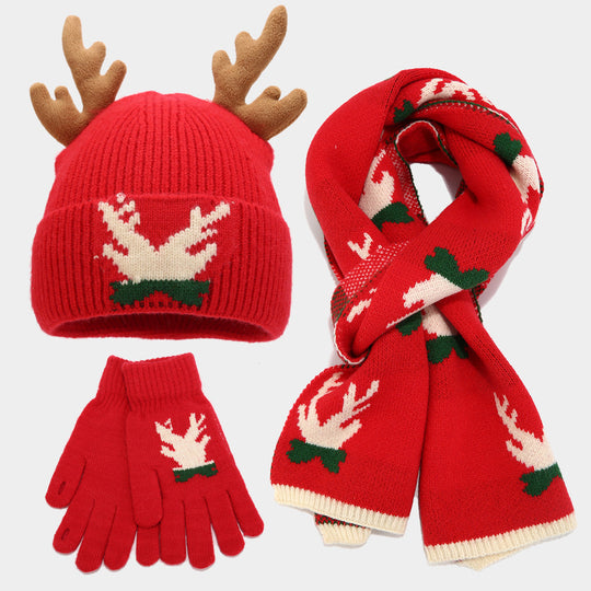 EB | Weihnachtsrentier Geweih Schal Hut Handschuhe Dreiteiliges Set (3 Farben)