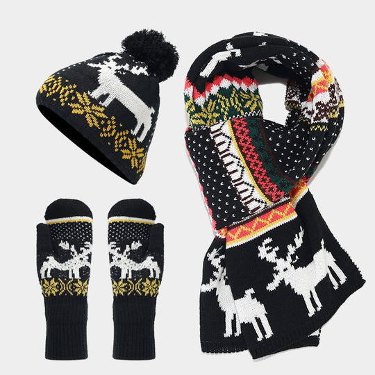 EB | Weihnachtsrentiermuster Muster Mütze Schal Handschuhe Set (6 Farben)