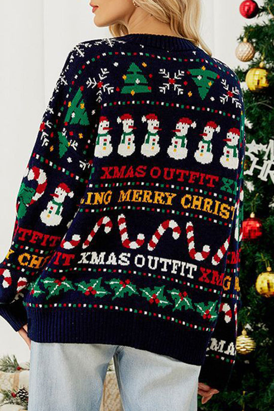 EB | Casual Daily Schneeflocken Weihnachtsbaum Buchstaben Weben Kontrast O Hals Pullover