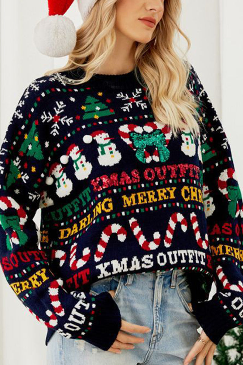 EB | Casual Daily Schneeflocken Weihnachtsbaum Buchstaben Weben Kontrast O Hals Pullover