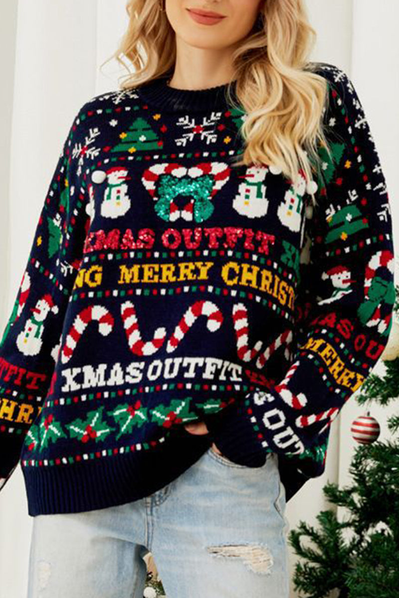 EB | Casual Daily Schneeflocken Weihnachtsbaum Buchstaben Weben Kontrast O Hals Pullover