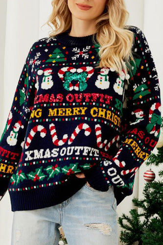 EB | Casual Daily Schneeflocken Weihnachtsbaum Buchstaben Weben Kontrast O Hals Pullover
