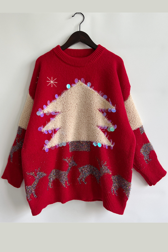 EB | Lässiger Weihnachtsbaum Pailletten Patch Rundhals Pullover
