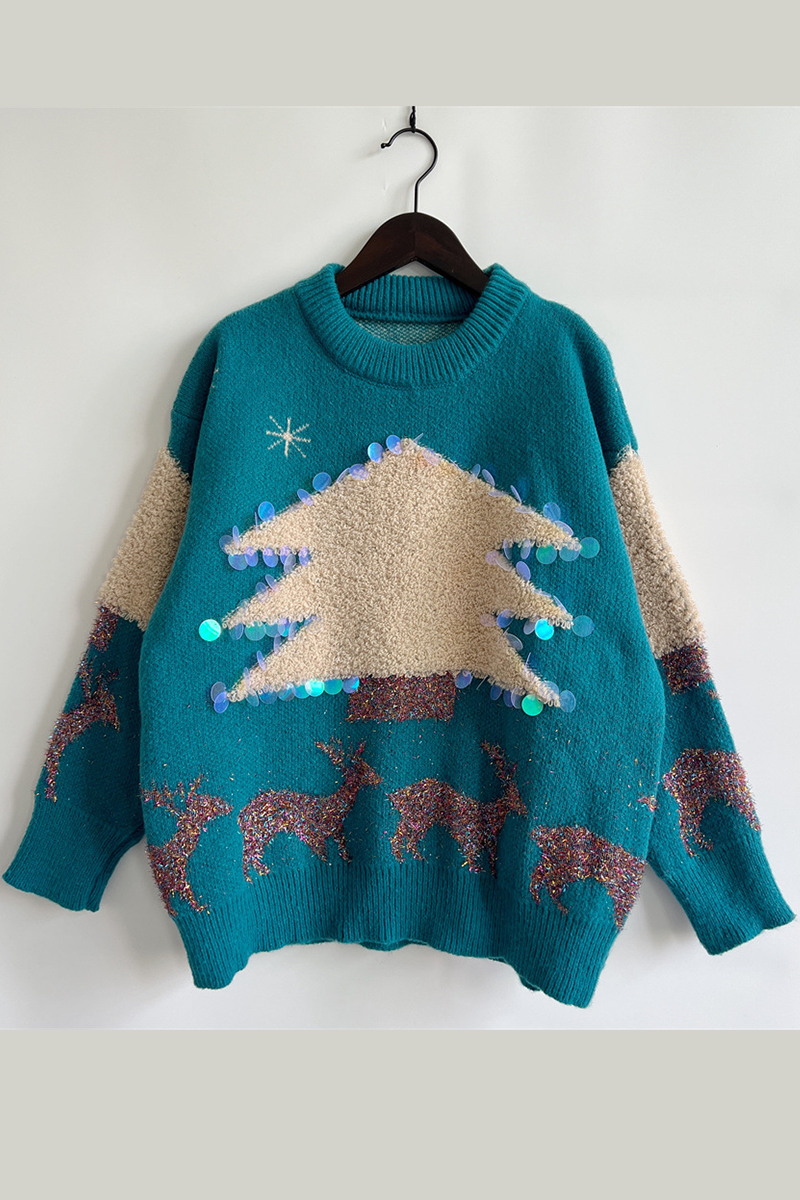 EB | Lässiger Weihnachtsbaum Pailletten Patch Rundhals Pullover