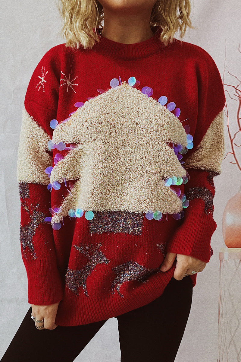 EB | Lässiger Weihnachtsbaum Pailletten Patch Rundhals Pullover