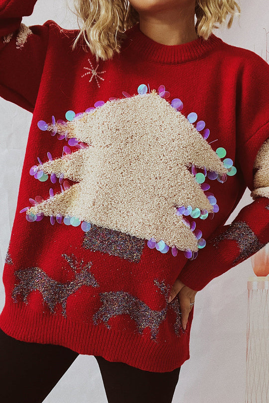 EB | Lässiger Weihnachtsbaum Pailletten Patch Rundhals Pullover