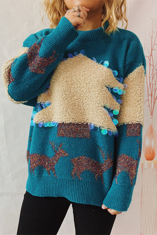 EB | Lässiger Weihnachtsbaum Pailletten Patch Rundhals Pullover