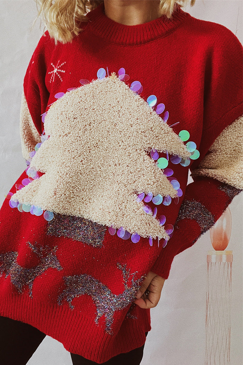 EB | Lässiger Weihnachtsbaum Pailletten Patch Rundhals Pullover