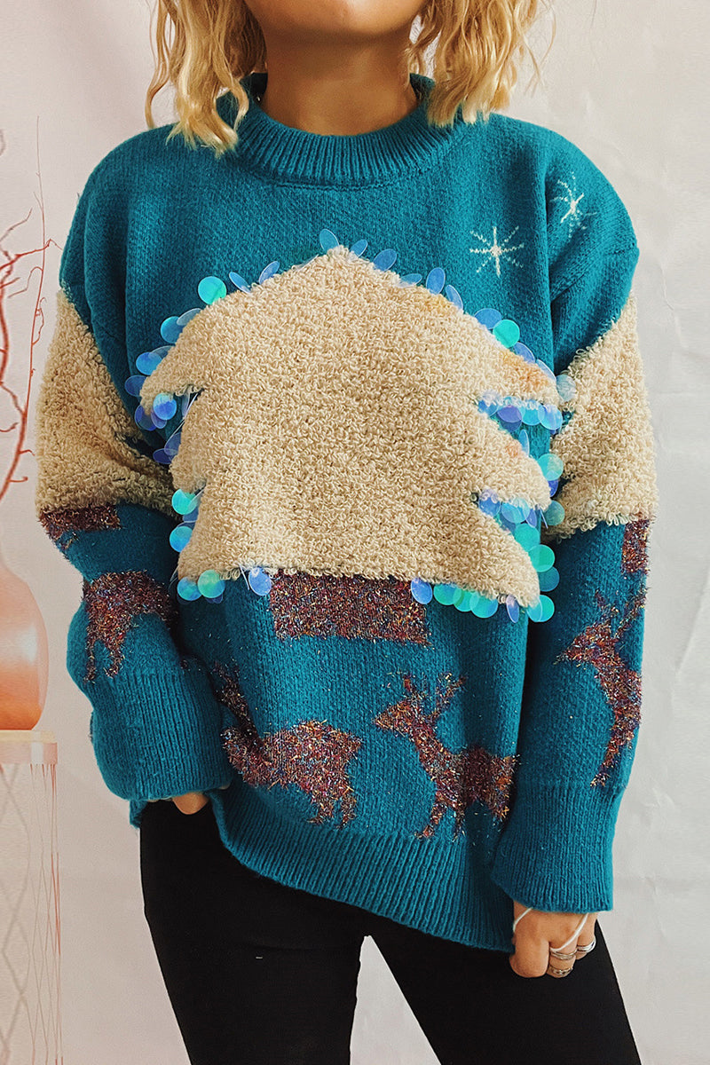 EB | Lässiger Weihnachtsbaum Pailletten Patch Rundhals Pullover