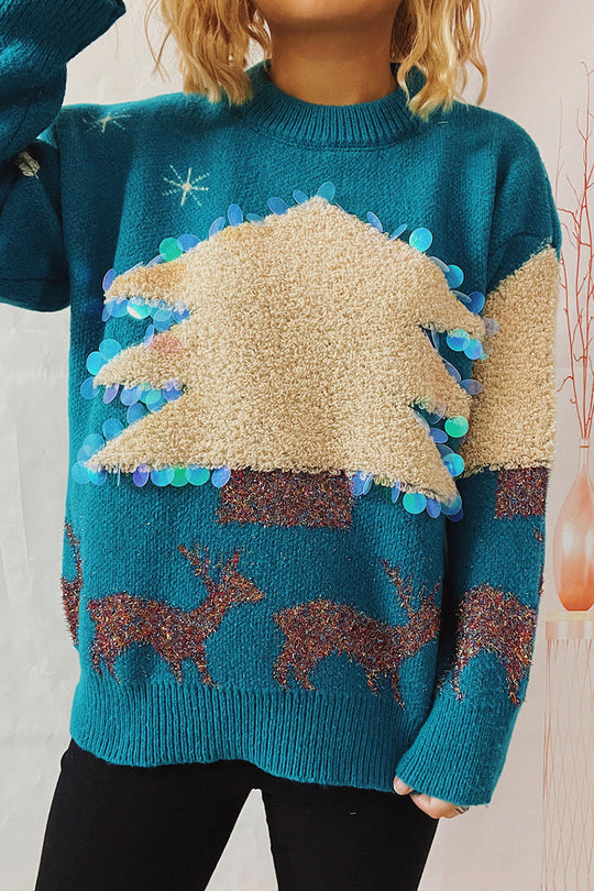 EB | Lässiger Weihnachtsbaum Pailletten Patch Rundhals Pullover