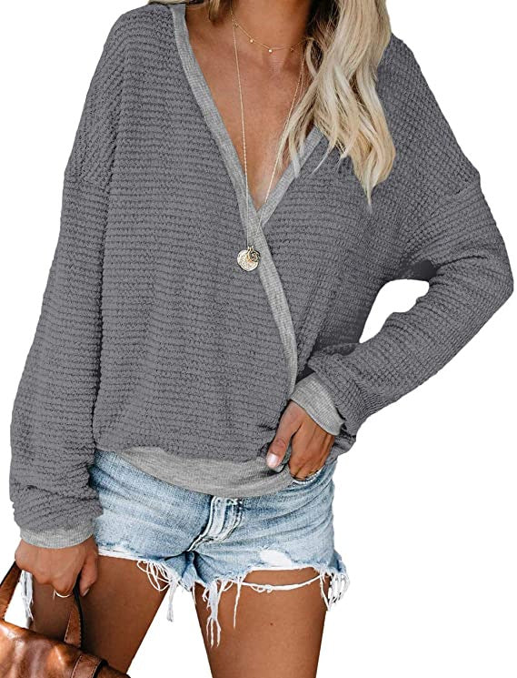 Damen lässiger V-Ausschnitt Pullover mit strukturierter Oberfläche EB
