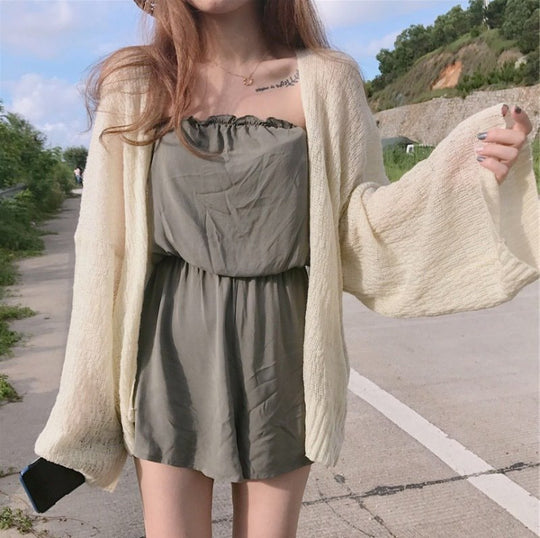 Damen lässiger Strickcardigan mit offener Front und weit geschnittenen Ärmeln EB