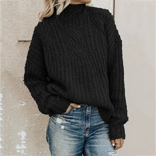 Damen Grobstrickpullover mit hohem Kragen und Zopfdesign EB