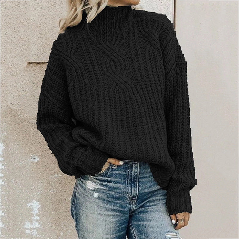 Damen Grobstrickpullover mit hochgeschlossenem Kragen und strukturiertem Zopfmuster EB