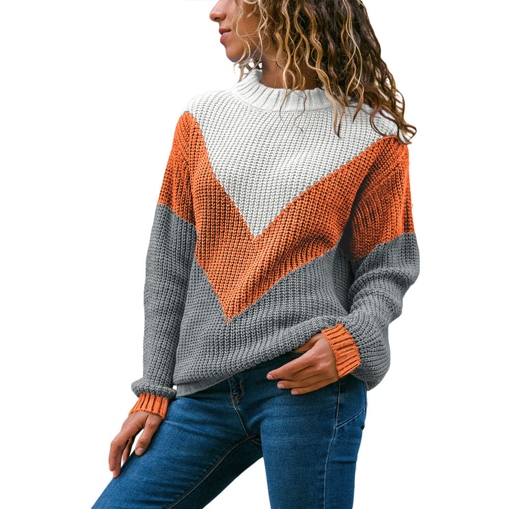 Damen Grobstrick Pullover mit modernem V-Ausschnitt und Farbblockdesign EB