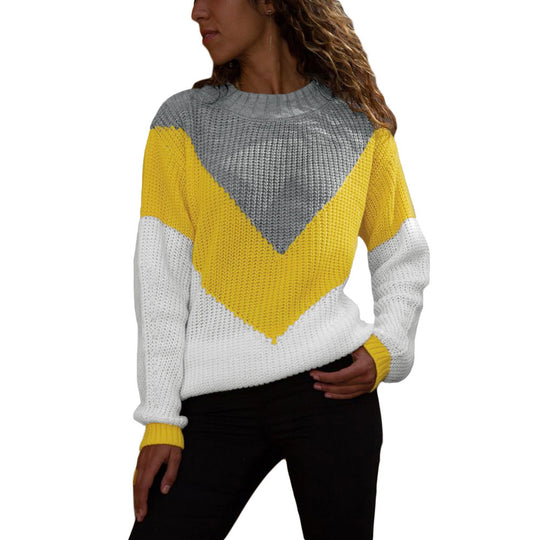 Damen Grobstrick Pullover mit modernem V-Ausschnitt und Farbblockdesign EB