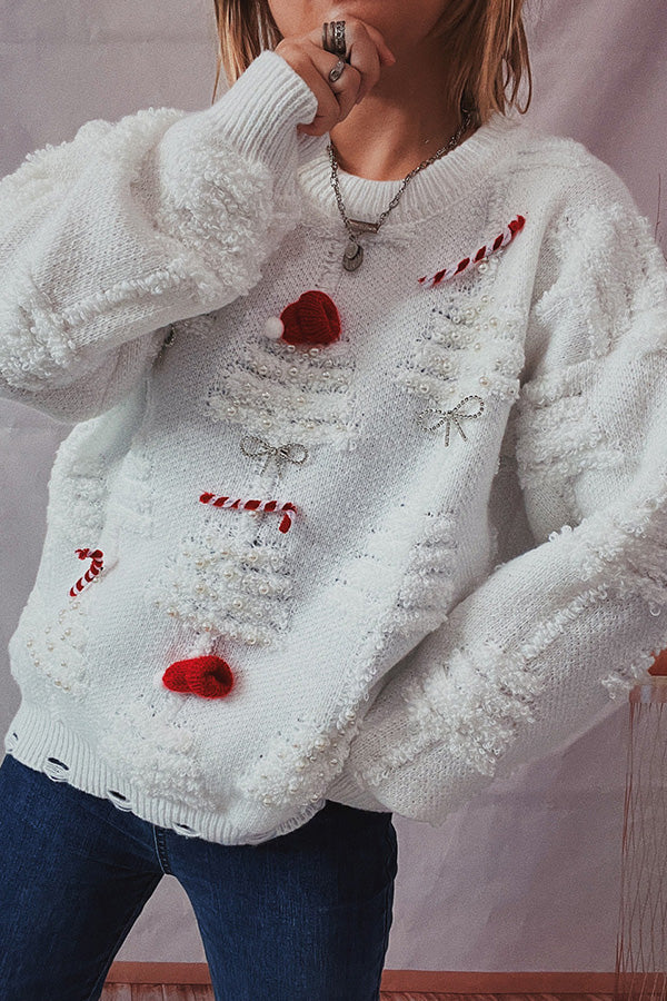 EB | Handgemachter Perlen-Weihnachtsthema-Pullover dreidimensionaler dekorativer Pullover
