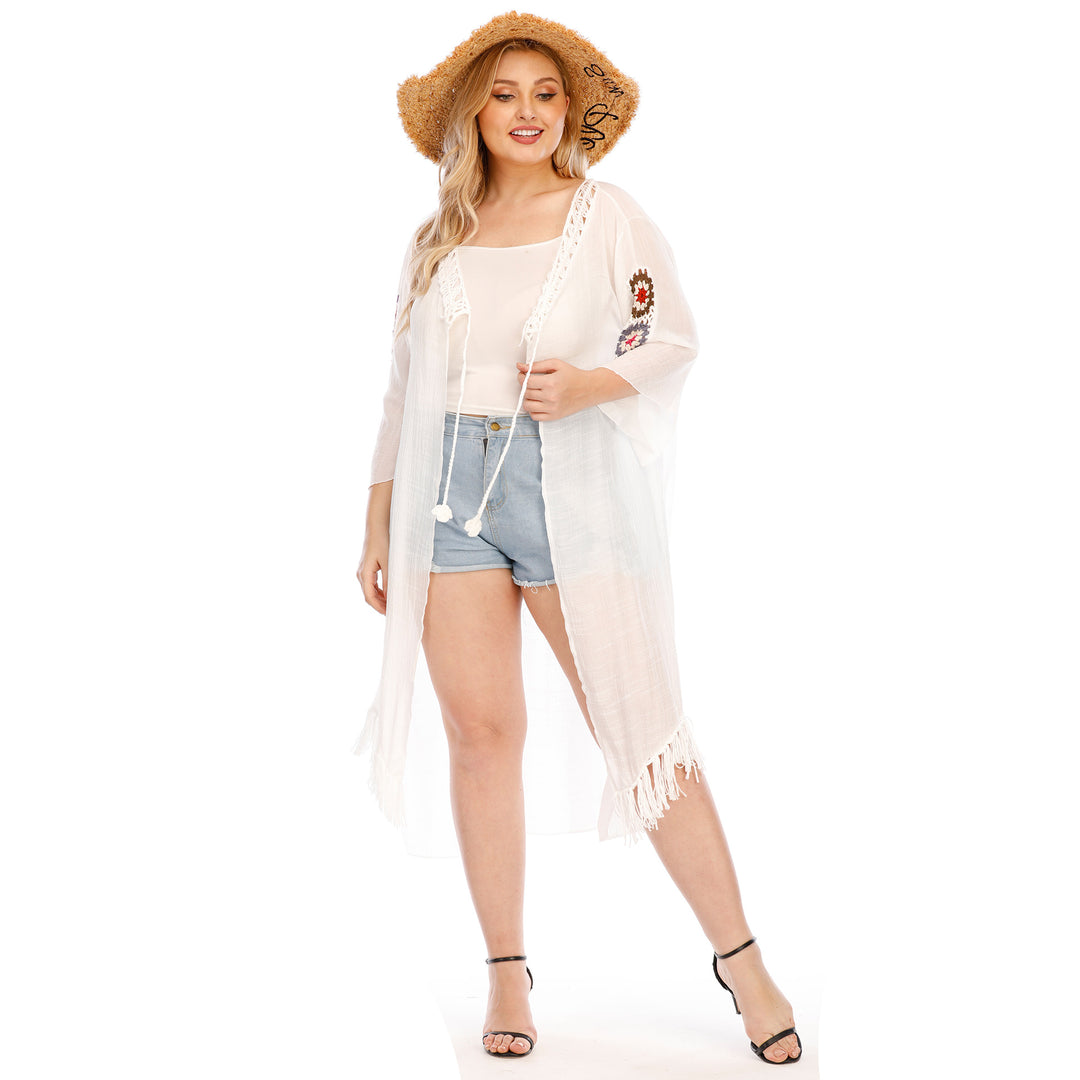 Damen eleganter Häkel-Kaftan mit fransigen Akzenten EB