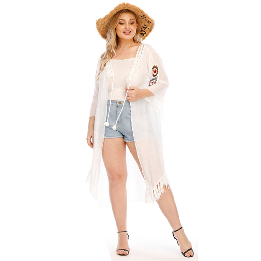 Damen eleganter Häkel-Kaftan mit fransigen Akzenten EB