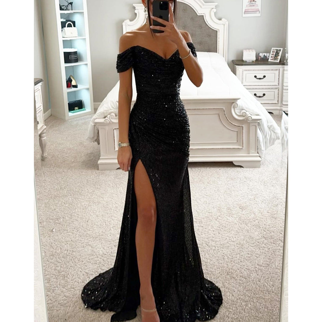 Glitzerndes Damen Abendkleid Schulterfreies Maxikleid mit Schlitz für Hochzeit & Fest | EB