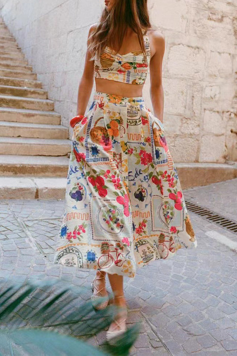 EB | Elegantes zweiteiliges Set mit Floralprint, Taschen, Rüschen und Quadratausschnitt