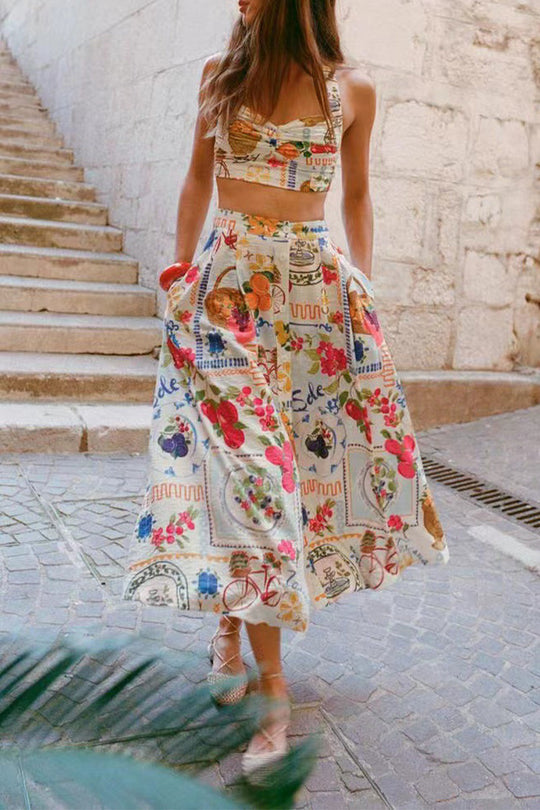 EB | Elegantes zweiteiliges Set mit Floralprint, Taschen, Rüschen und Quadratausschnitt