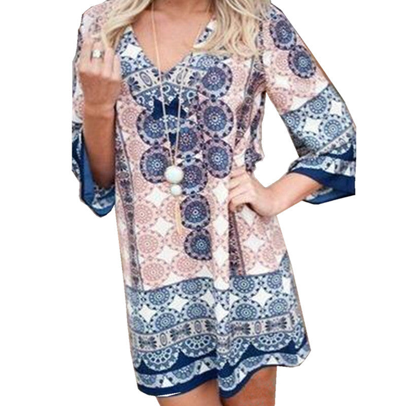 Damen lässiges Kurzes Kleid mit buntem Mandala-Muster und ausgestellten Ärmeln EB