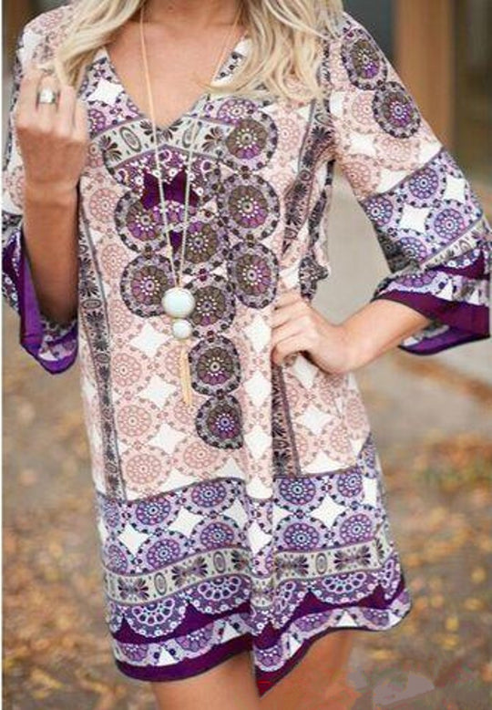 Damen lässiges Kurzes Kleid mit buntem Mandala-Muster und ausgestellten Ärmeln EB