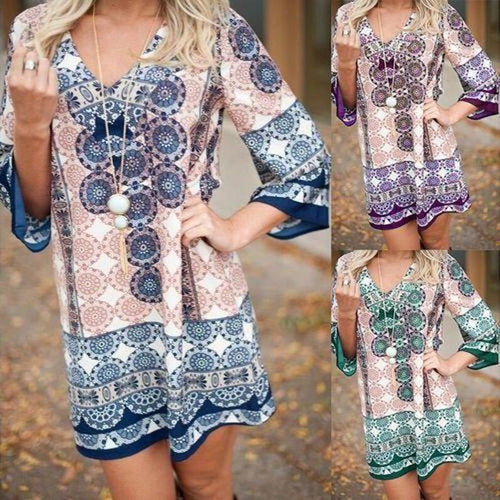 Damen lässiges Kurzes Kleid mit buntem Mandala-Muster und ausgestellten Ärmeln EB