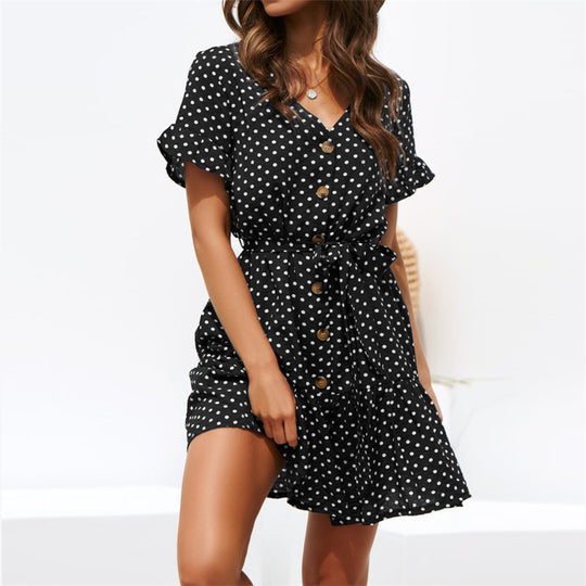 Damen Polka-Dots Kleid mit Schritt-für-Schritt Knopfverschluss und taillierendem Gürtel EB