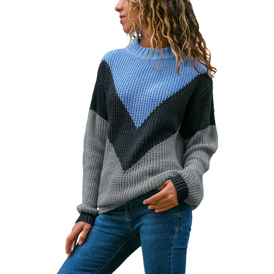 Damen Grobstrick Pullover mit modernem V-Ausschnitt und Farbblockdesign EB