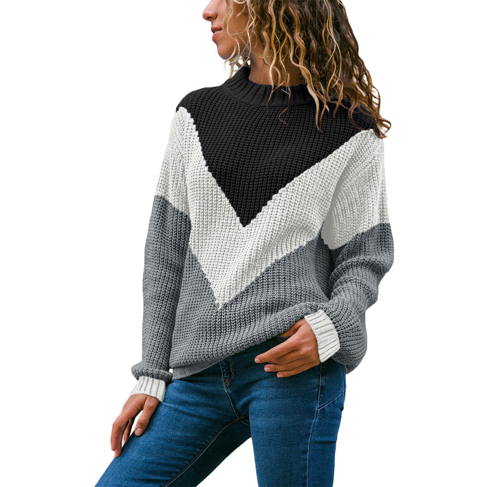 Damen modischer Strickpullover mit kontrastierenden Farbakzenten und strukturiertem Muster EB