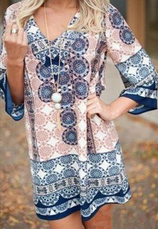 Damen lässiges Kurzes Kleid mit buntem Mandala-Muster und ausgestellten Ärmeln EB