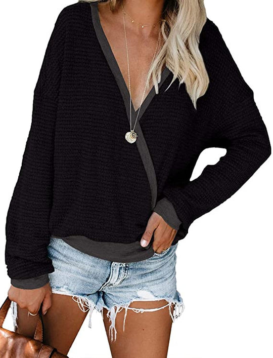 Damen lässiger V-Ausschnitt Pullover mit strukturierter Oberfläche EB