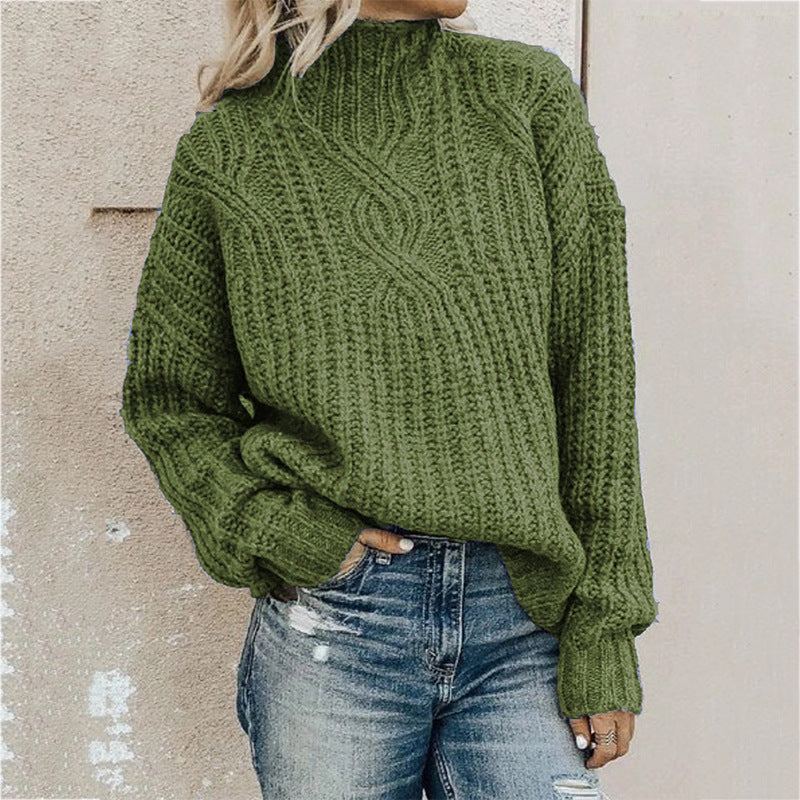 Damen Grobstrickpullover mit hohem Kragen und Zopfdesign EB