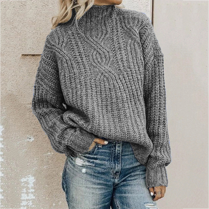Damen Grobstrickpullover mit hohem Kragen und Zopfdesign EB