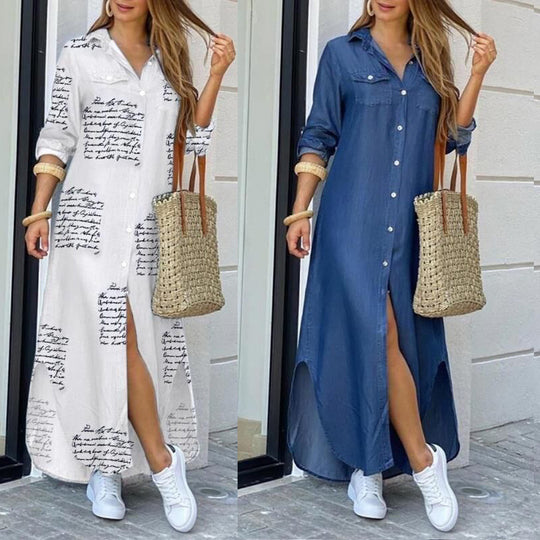 Damen Langarmhemdkleid mit elegantem Charme und reichhaltigem Grafikdruck EB