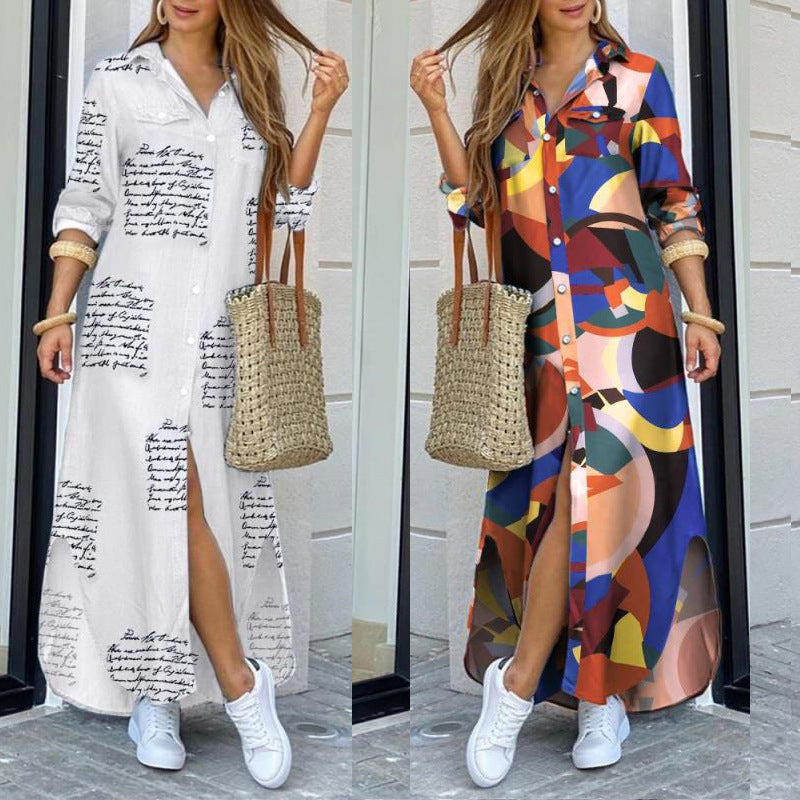 Damen Langarmhemdkleid mit elegantem Charme und reichhaltigem Grafikdruck EB
