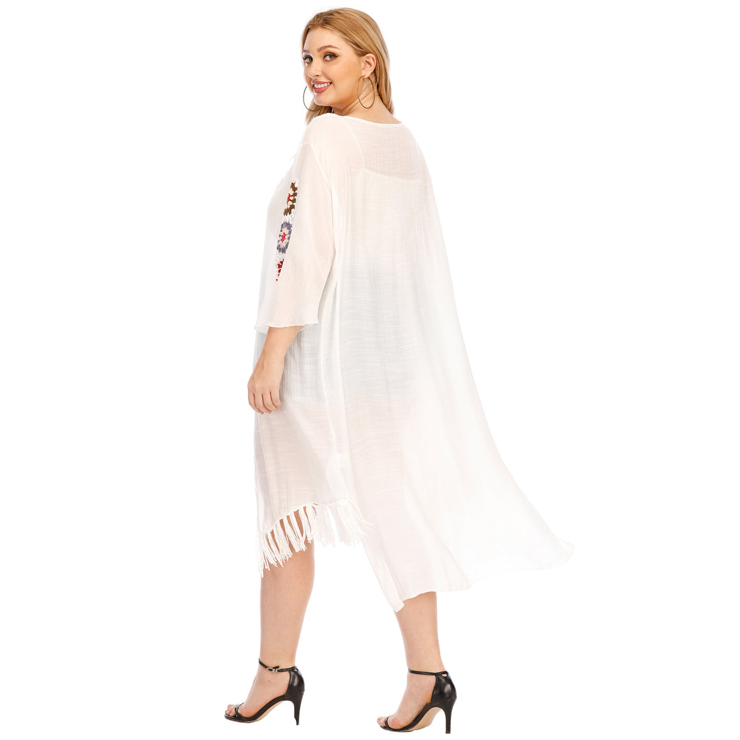 Damen eleganter Häkel-Kaftan mit fransigen Akzenten EB