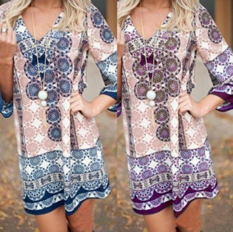 Damen lässiges Kurzes Kleid mit buntem Mandala-Muster und ausgestellten Ärmeln EB