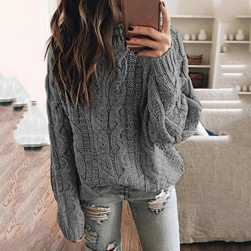 Damen lässiger Grobstrickpullover mit romantischem Zopfmuster EB
