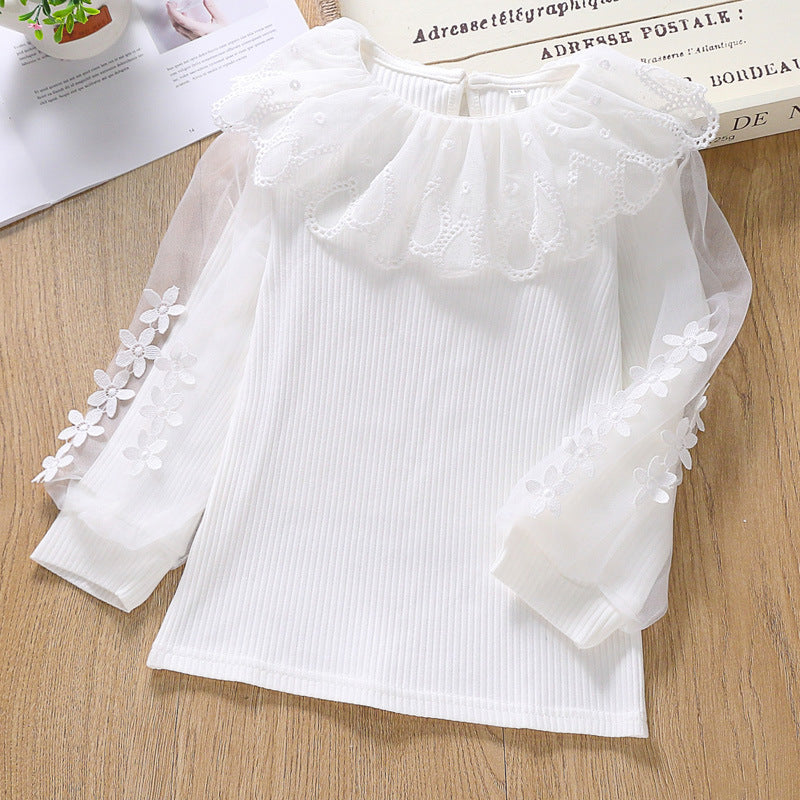 Mädchen Bluse mit transparenten Puffärmeln und Blumendekor EB