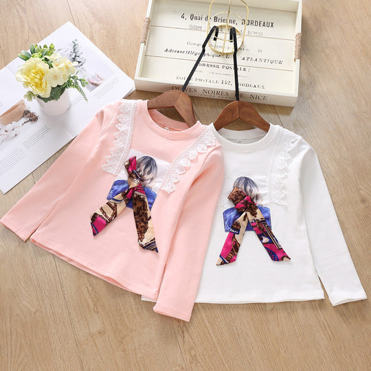 Mädchen Langarmshirt mit verspieltem Spitzenbesatz und modischem Schleifendetail EB